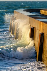 Fototapeta premium Ocean waves crash against sturdy sea wall under bright sunlight. Water sprays upwards creating dynamic scene of motion, light. Concrete structure shows weathered texture with wooden supports against