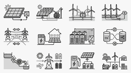 Obraz premium Elegant Monochrome Infographic Illustrating Renewable Energy Systems Solar Panels Wind Turbines Battery Storage Smart Grid and EV Charging