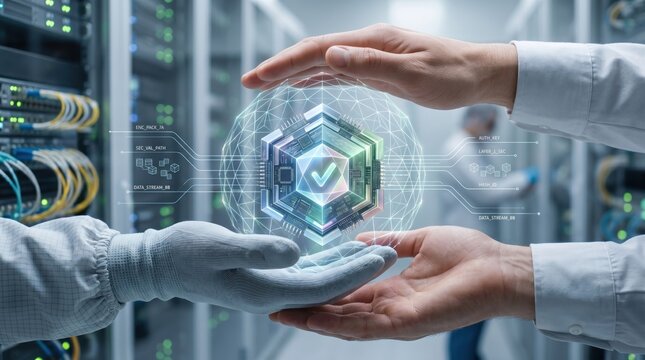 Hands protecting a glowing digital security chip in server room, cybersecurity concept, data protection, encryption technology, network safety, cloud computing infrastructure, I...
