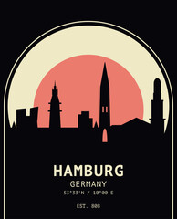 Obraz premium Hamburg skyline retro poster with silhouette, vintage city travel Germany graphics. Minimalist industrial mid-century sunset design layout for vinyl covers, postcards, wall art