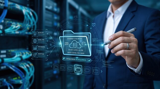 IT specialist managing cloud security interface in server room, futuristic hologram display, data protection layers, access control system, cybersecurity concept, network infras...