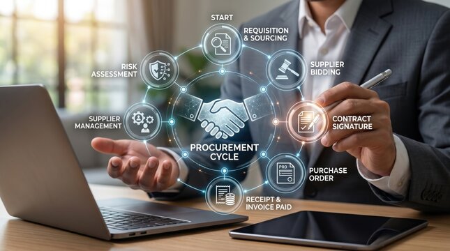 Procurement cycle infographic with handshake center, showing sourcing, bidding, contract signature and purchase order steps for supply chain management.