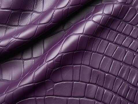 Close-up of textured purple leather with an embossed crocodile pattern, showcasing folds and a glossy finish.