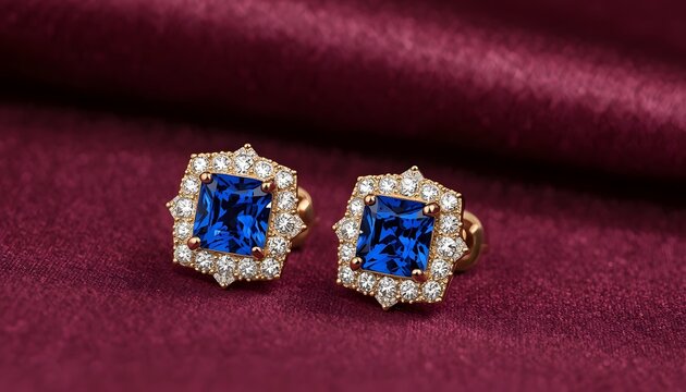 Gold Stud Earrings with Square Blue Sapphire Stone and Diamond Halo on Maroon Fabric Background