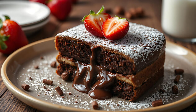 Chocolate cake slice with fresh strawberry and powdered sugar. Decadent dessert cutout on transparent background for bakery menus and food blogs.