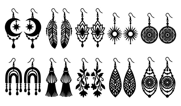Luxury bohemian dangle earring silhouette set with decorative ornamental designs isolated on white