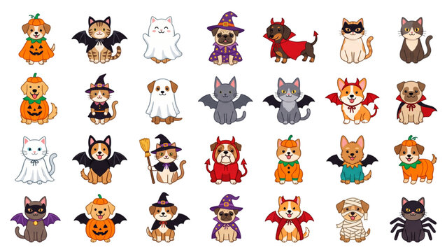 Cute Halloween Pet Costume Collection for Cats and Dogs with Pumpkin Bat Ghost Witch and Devil Outfits Colorful Vector Illustration