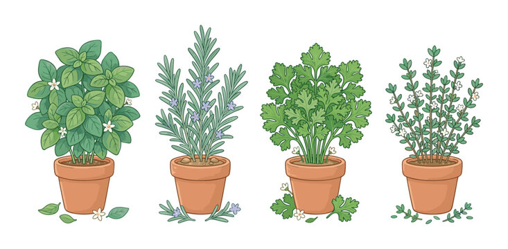 Vector illustration of basil, rosemary, parsley, and thyme in clay pots.