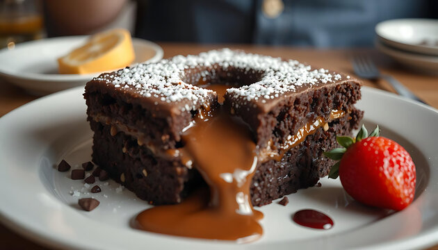 Decadent chocolate brownie dessert with caramel drizzle and fresh strawberry. Rich gourmet pastry slice served on white plate for indulgent dining...
