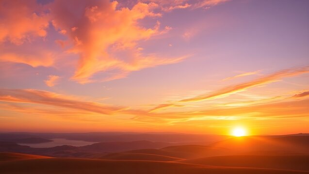 Sunset over the horizon. Vibrant orange sky with clouds at dusk.