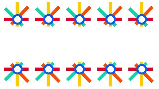 Colorful pinwheel flower shapes repeat in neat evenly spaced rows across a bright white background, each bloom made of orange, teal and yellow petals