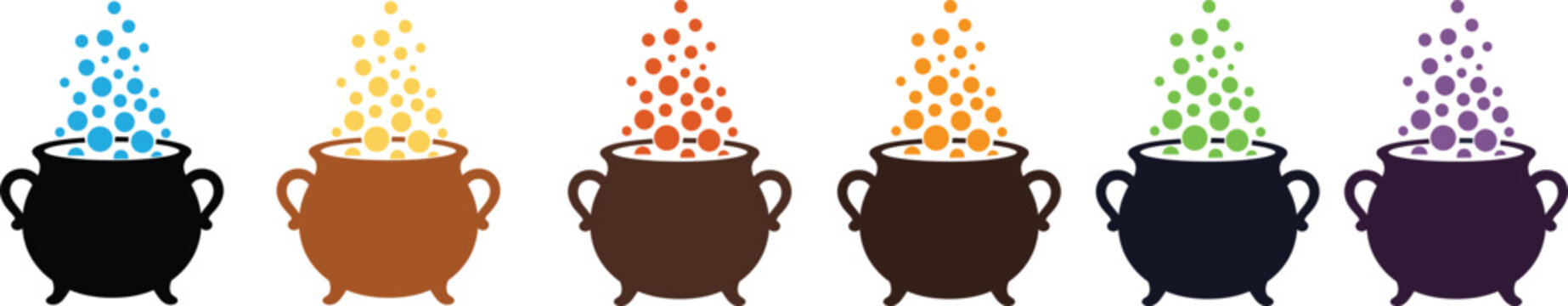 Halloween Magic Witch Cauldron Icon Set with Boiling Potion Bubbles Vector