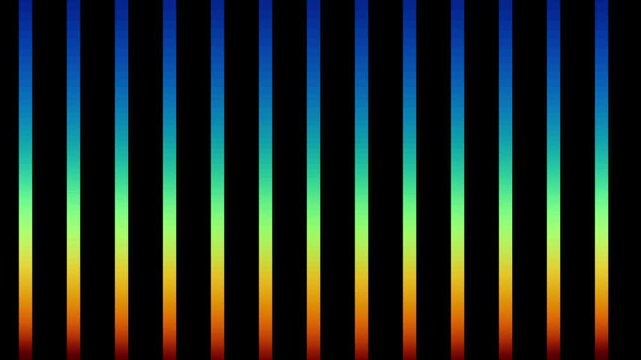 Thin vertical stripes shift smoothly through rainbow hues of blue, green, yellow and orange, forming a neat evenly spaced gradient bar design here