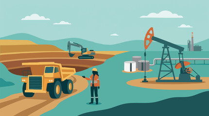 Industrial Landscape: Mining, Oil Extraction, Heavy Machinery, and Worker © azad