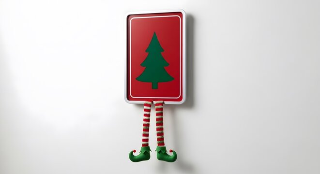 Festive Christmas stocking with a holiday-themed sign and striped legs. Holiday decoration with cheerful, colorful design. Seasonal decor for Chris...