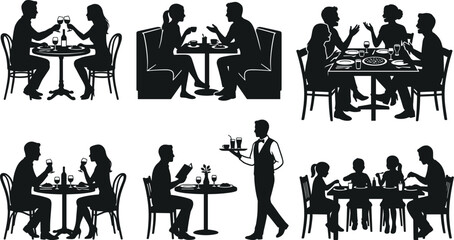 Fototapeta premium Collection of restaurant dining silhouettes featuring couples, groups, and families with a server