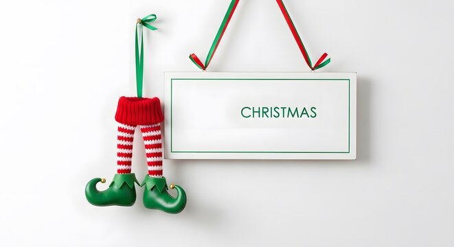 Festive Christmas stocking hanging on a white wall with a holiday tag. Holiday decor for seasonal celebrations.