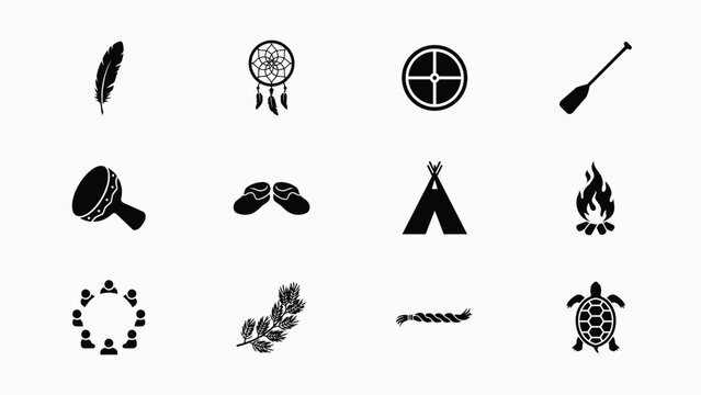 Nine minimalist black symbolic icons featuring indigenous cultural motifs on light background with high contrast black icons representing traditional cultural symbols
