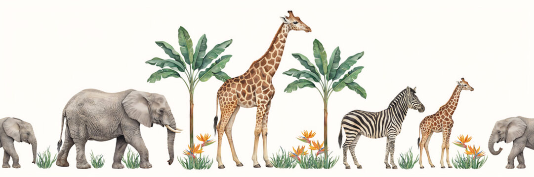 Watercolor of a safari animal border featuring an elephant, giraffe, and zebra standing among green banana palm trees and orange flowers