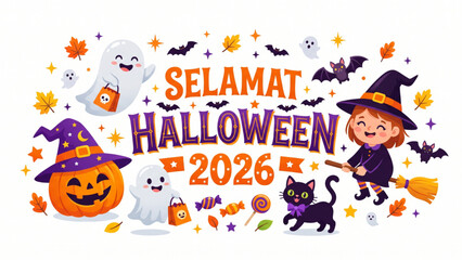 Fototapeta premium Selamat Halloween 2026 Greeting Card with Cute Witch Pumpkin and Ghost Vector