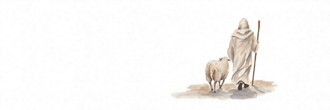 A watercolor painting of a shepherd wearing a hooded robe walking with a sheep on a white background, isolated, religious style