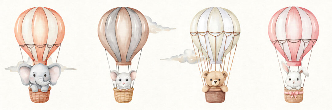 Watercolor set of four cute animals in hot air balloons, elephant, mouse, bear, and rabbit, isolated on a white background, nursery