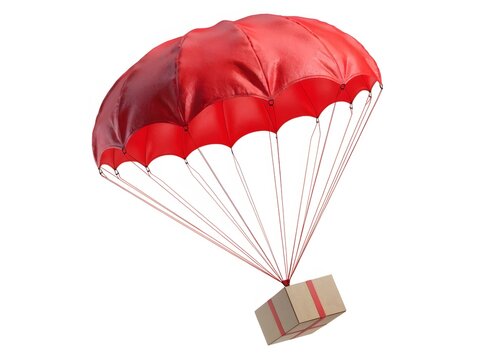 Parachute air delivery and shipping logistics systems. Fast cargo transport and surprise package. Cardboard box flying downwards with a large red parachute attached