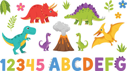 Cute dinosaur cartoon character set with colorful alphabet letters and numbers for kids early education © mstlipibegum