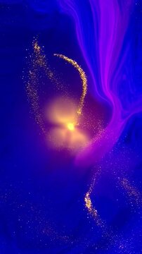 Abstract blue and purple fluid background with golden sparkles