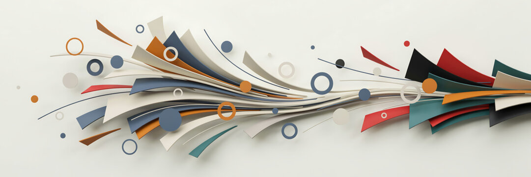 An abstract composition of flowing paper-like ribbons, circles, and geometric shapes in orange, blue, and neutral tones on a clean white background