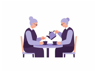 Obraz premium Two Elderly Women Sitting at a Table Having Afternoon Tea and Conversation Flat Vector Illustration