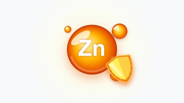 Zinc Nutrient Chemical Element Protection Shield. Animated Zinc icon with a protective shield on a white background. Perfect for health, nutrition, and science education videos.