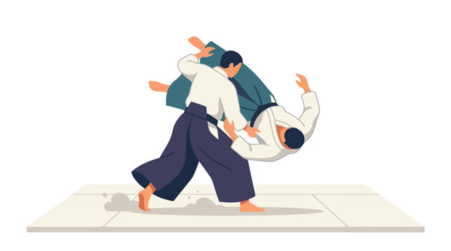 Aikido Martial Arts Illustration of Two Men Practicing Throw Technique on Tatami
