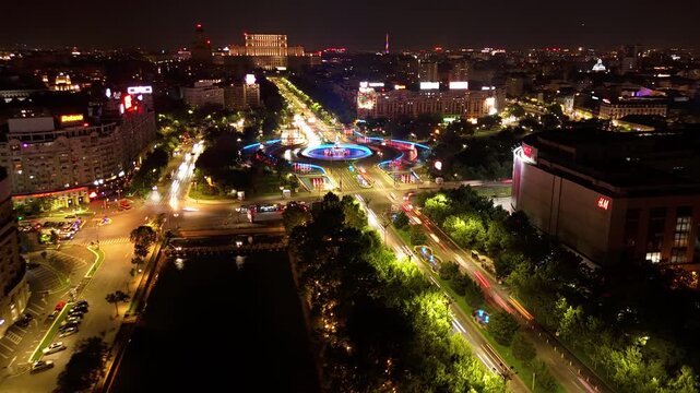 Aerial Night Hyperlapse &ndash; Unirii Square Fountains, Bucharest
