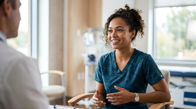 Female nurse speaking with doctor in hospital room for medical consultation
