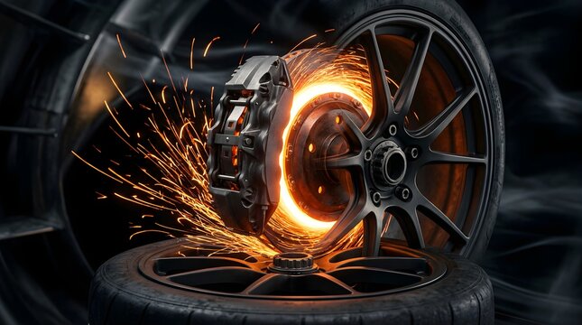Glowing brake disc and caliper with sparks on a performance racing car wheel