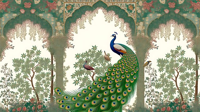 Illustration of a mughal garden with peacocks, parrots, plants, and trees, featuring a botanical landscape pattern. Mughal Garden. Illustration