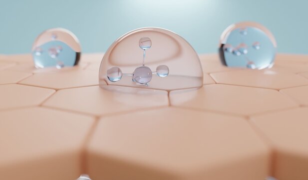 Skin surface microscopic view with hydrating water droplets and molecular