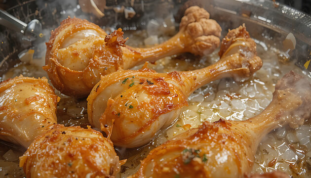 Golden fried chicken wings cooking in oil. Crispy battered poultry pieces frying in deep fryer for restaurant menu.
