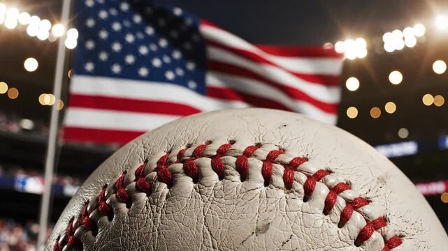 A close up of a baseball against a waving American flag celebrating the 4th July holiday with stadium lights in the background at night