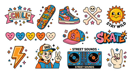 Colorful skateboarding stickers with smiling faces and streetwear elements on white background © Amirul