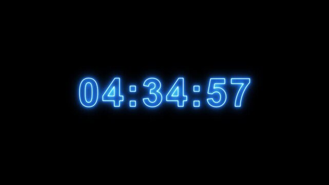 Neon starting soon Digital countdown clock timer in 5 hours to zero second. Element for overlay concept. 4K footage motion video