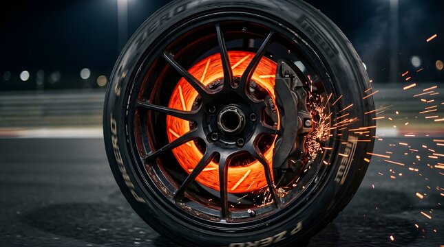 Glowing hot racing car wheel with sparks during extreme braking on track