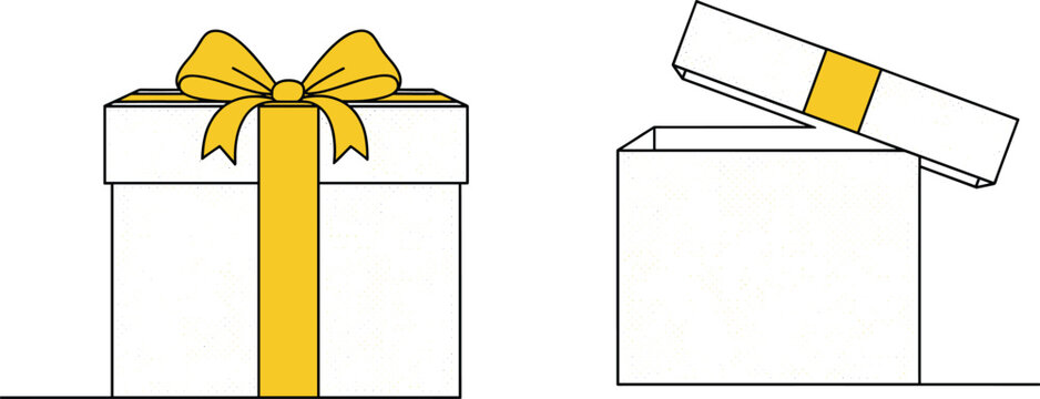 Vector illustration of gift box with yellow ribbon and bow, closed and open present design for birthday, holiday, celebration events