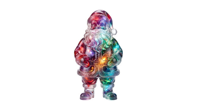 Rainbow-colored Santa Claus figurine on white.