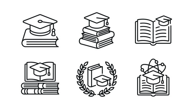 Graduation cap with books and open book line icons on a white background mortarboard