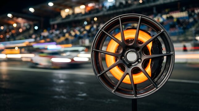 Glowing red hot brake disc on a sports car wheel during a night race