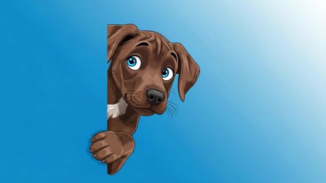 A cute brown puppy peeking from behind a bright blue corner background