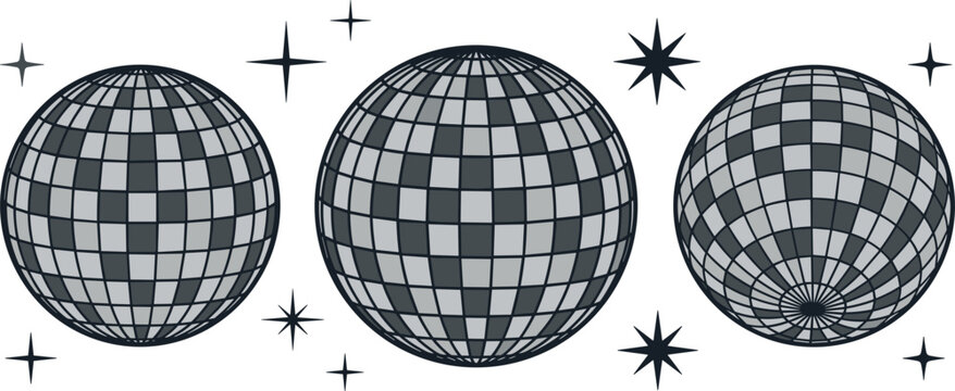Retro Disco Ball Vector Set with Mirror Spheres and Sparkle Stars for Nightclub Parties, Dance Music Events, and Y2K Nostalgia Graphic Designs