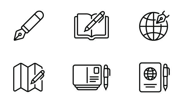 Writing And Geography Line Icons Set On White Background Editorial And Educational Concepts pen